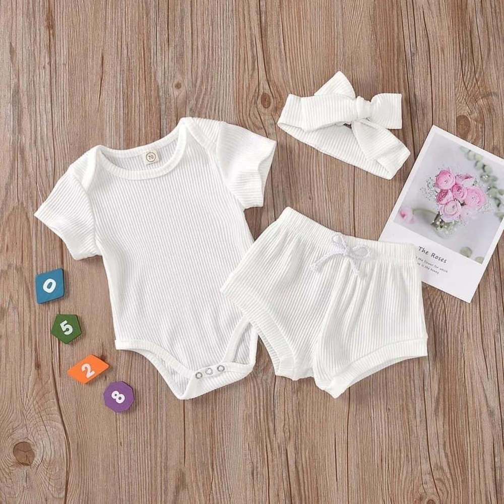 New! 3 piece white baby girl ribbed shirt short set with headband bow